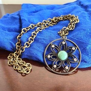 Antique Brass Blue 2 1/2" medallion Swarovski crystals, 24" chain Boho Hippie